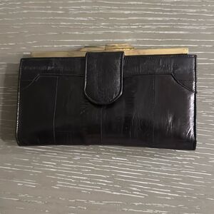 VINTAGE 1980s Brown Gold-Tone Structured EEL Skin Multi Compartment Snap Wallet